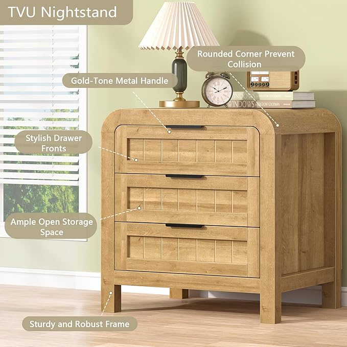 IKENO Wood Nightstand with 3 Storage Drawer, 21" Wide Night Stand with Curved Profile Design, Bedside End Table for Bedroom, Living Room, Closet (1, Natural Oak, 3 Drawer)