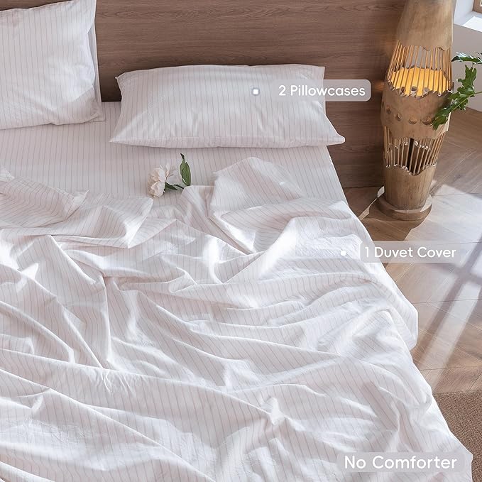 MooMee Striped Duvet Cover Set 100% Washed Cotton Linen Like Textured Breathable Durable Soft Comfy (White Heathered Greyish Pink Wide Stripes, Queen 90"x90")