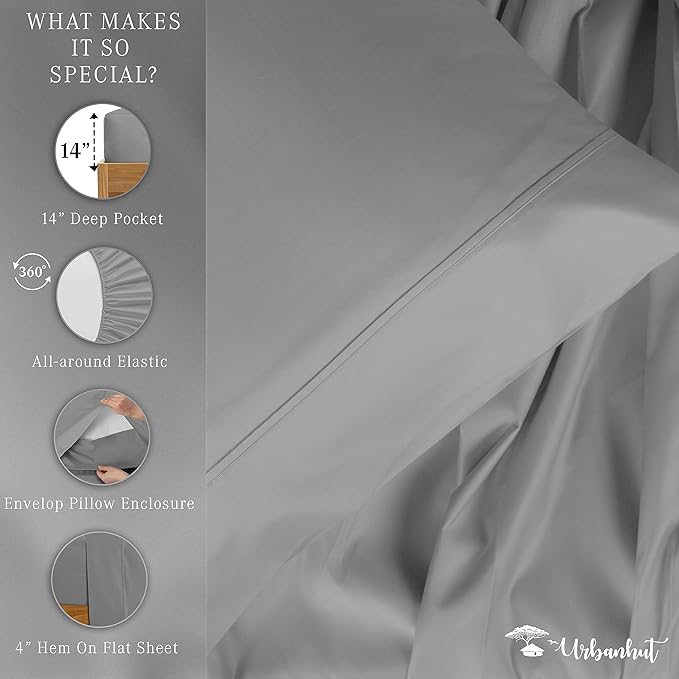 URBANHUT 800 Thread Count 100% Cotton Twin Size Sheets, Luxury 4 Piece Twin Bedsheets, Hotel Sheets Sateen Finish - Better Than Egyptian, 14" Elasticized Deep Pocket - Dark Grey