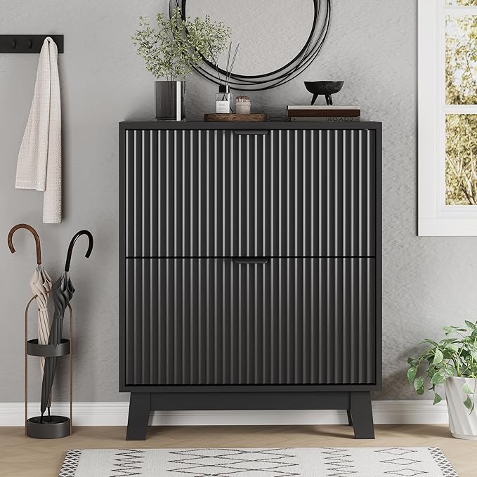 Shoe Cabinet with 2 Flip Drawers, 37" Tall Narrow Fluted Shoe Storage Organizer for Entryway, Hidden Slim Wooden Shoe Rack Cabinet for Front Door Entrance, Hallway, Living Room, Solid Black
