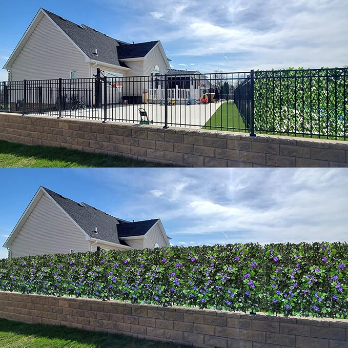 Sumery Expandable Fence Privacy Screen for Balcony Patio Outdoor,Decorative Faux Ivy Fencing Panel,Artificial Hedges (Single Sided Leaves) (1, Branches -Purple Fowers)