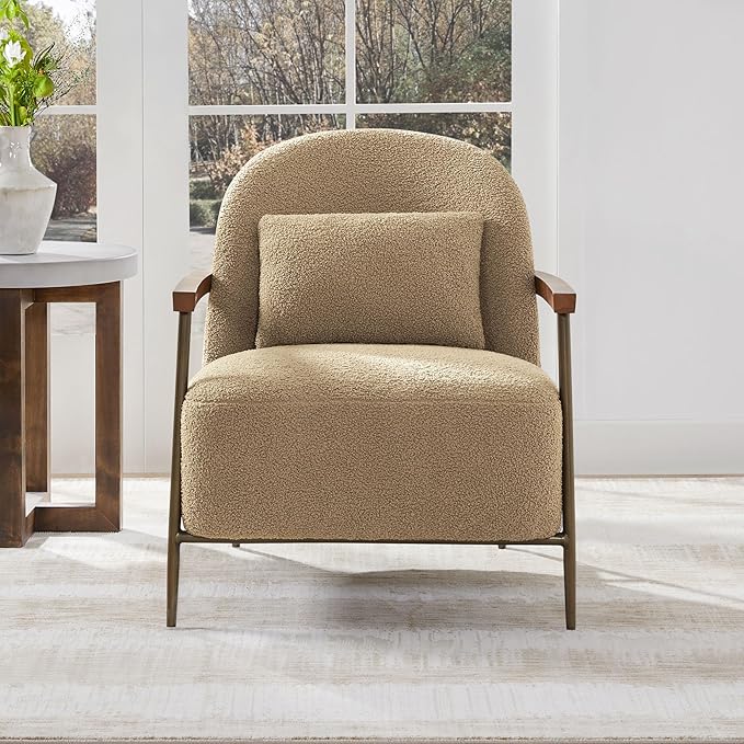 CHITA Accent Chair for Living Room Set of 2, FSC Certified Modern Upholstered Faux Sherpa Fabric Armchair with Metal Frame and Wooden Armrests, Camel