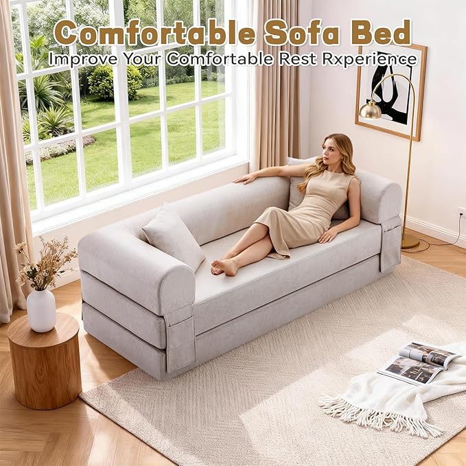 Convertible Sleeper Sofa Bed,78.5 Inch Faux Leather Futon Couch with Pillows & Storage Pocket,5-in-1 Folding Sofa Bed Queen with Pull Out Beds,Boneless Couches for Living Room,Couch in a Box,Beige