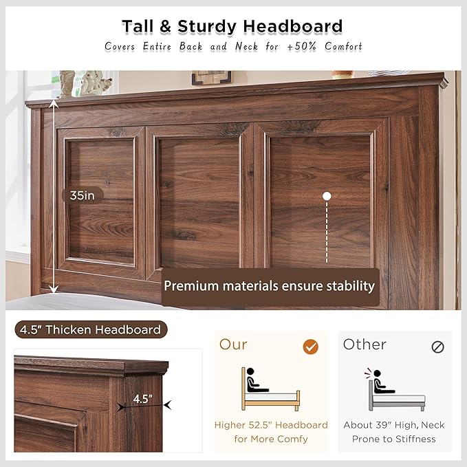 ACCOHOHO Farmhouse Queen Size Bed Frame with 52" Tall Headboard, Wood Platform Bedframe with Footboard and Storage Drawers, No Squeak, No Box Spring Needed, Brown