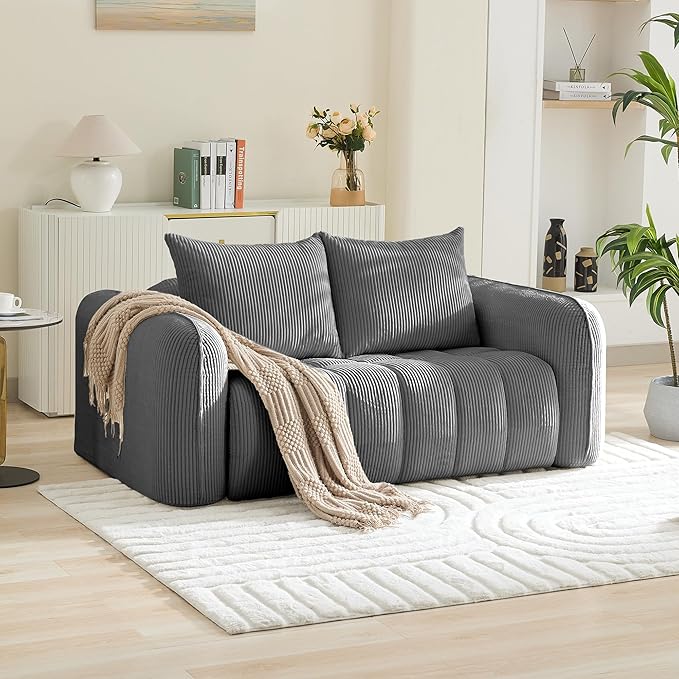 Corduroy Boneless Living Room Sets, Modern Upholstered Loveseat with 2 Signle Sofa Chairs, Comfy Deep Seat Cloud Sofa Couch Sets for Living Room, Grey