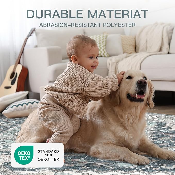 Washable Runner Hallway Rug,Low Pile 2x8 Non Slip Non-Shedding Kitchen Carpet Soft Indoor Stain Resistant Rug for Bedroom Laundry Room Bathroom Blue Beige Multi
