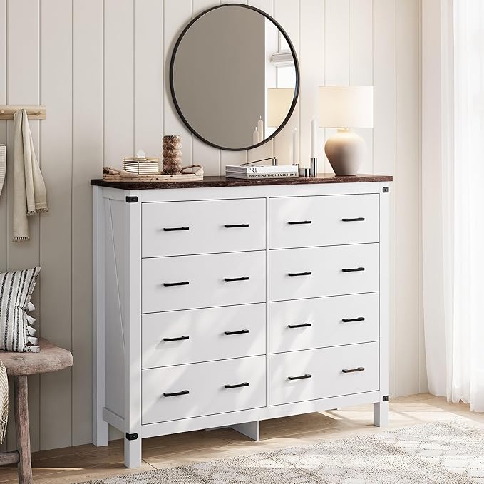 LINSY HOME Farmhouse 8 Drawer Double Dresser for Bedroom, 50” Wide Rustic Wood Chest with Deep Drawers, Modern Dressers with Storage and Metal Handles for Closet, Living Room, Hallway, Off White