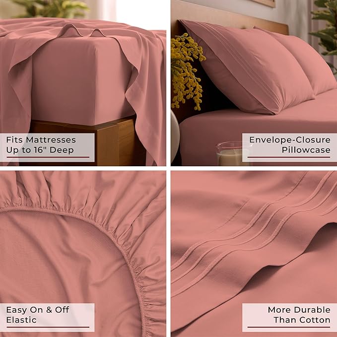 Mellanni Twin Sheet Set - 4-Piece Iconic Collection Bedding, (Including 2 Pillowcases), 16-Inch Deep Pocket, Easy Care, Extra Soft, Cooling Sheets, Brushed Microfiber - Coral