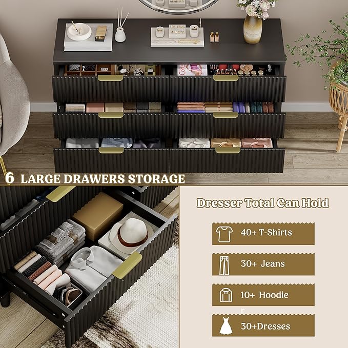 Lulive Black Dresser for Bedroom Wood Dressers Chest of Drawers, Fluted 54" Wide Modern Long Dresser TV Stand 6 Drawers for Bedroom, Closet, Hallway (Black)