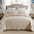MarCielo 3-Piece 100% Cotton Oversized Bedspread Lightweight Quilt Coverlet Embroidery Farmhouse Bedding (Tf Khaki Beige, Oversized Queen (100"x106"))