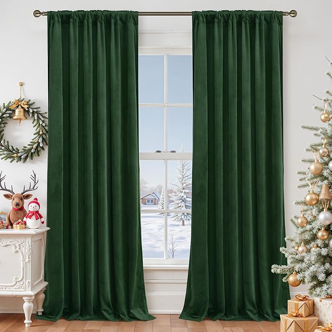 LAMIT Velvet Curtains 108 Inch for Living Room, Thermal Room Darkening Panels Noise Reducing Back Tab and Rod Pocket Christmas Drapes for Bedroom, Set of 2 Panels, Emerald Green, 52 x 108 Inch