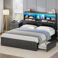 AOGLLATI Full Size Bed Frame with 4 Storage Drawers and Hidden Storage Headboard, Black Led Fluted Bed Frame Full Size with Charging Station and Curved Profile Design,No Box Spring Needed, Black