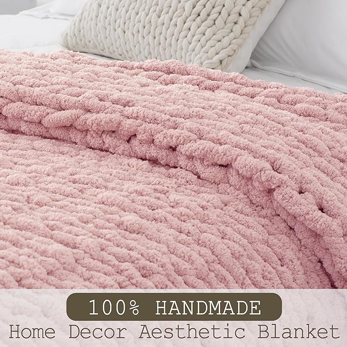 Chunky Knit Throw Blanket 60"X 80", 100% Handmade with Soft Chenille Yarn, 4.4lbs Thick Cable Knitted Blankets, Large Rope Knot Crochet Throws for Couch Sofa Bed Home Decor, Dusty Pink