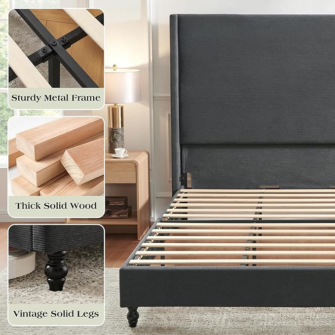 Queen Bed Frame with 63" Tall Headboard, Horizontal Fine Corduroy Bed Frame with Wingback, Upholstered Platform Bed, Vintage Solid Wood Gourd Legs, No Box Spring Needed, Black