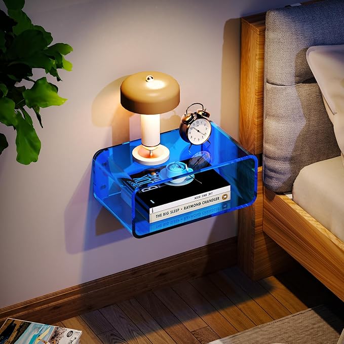 Acrylic Floating Nightstand, Bedside Table, Nightstand Shelf Wall Mounted Bedside Shelf (Blue, Small)