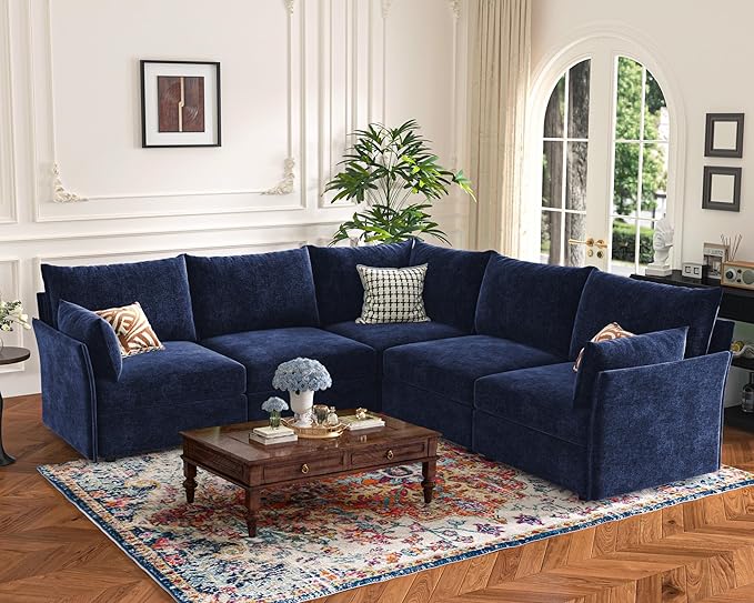 ABCASA 135.5" Oversized Modular Sectional Sofa, L Shaped Convertible Couch with Movable Ottoman, 5 Seat Corner Couches for Living Room Deep Seat Blue Chenille