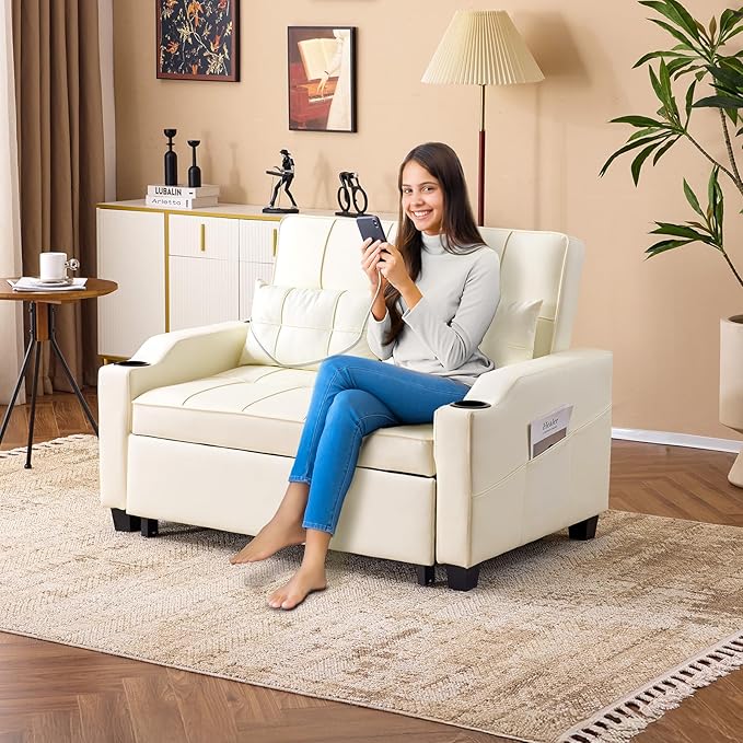 VINGLI Beige Futon Sofa Bed Convertible Loveseat Sleeper Couch, Faux Leather Pullout Sofa Fold Out Couch Bed with USB Ports, Cup Holders, Armrest for Living Room, Bedroom Apartment Room