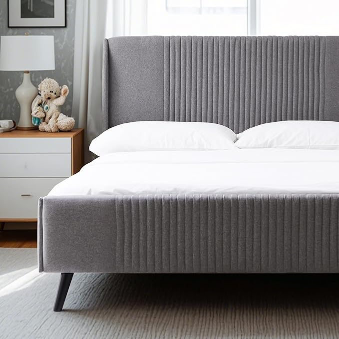 Livinia Sunset Queen Size Wingback Platform Bed, Fabric Upholstered Queen Bed Frame with Vertical Channel Tufted Headboard Footboard, Strong Wood Slats, No Box Spring Needed, Gray (Queen)