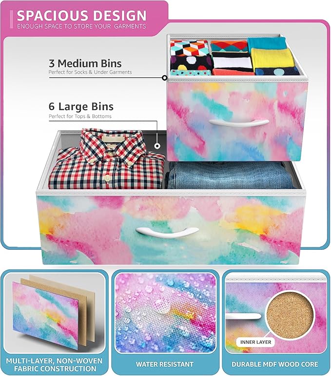 Sorbus Dresser with 9 Drawers - Furniture Storage Chest for Kid’s, Teens, Bedroom, Nursery, Playroom, Clothes, Toys - Steel Frame, Wood Top, Fabric Bins (Tie-dye)