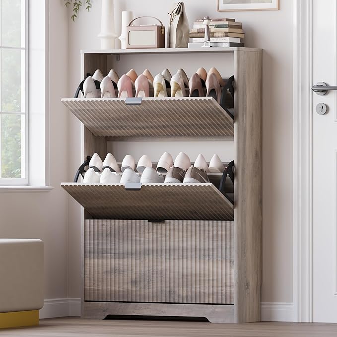 Entryway Shoe Cabinet with 3 Flip Drawers, Narrow Shoe Organizer Cabinet with Fluted Panel and Adjustable Shelves for Foyer, Hallway