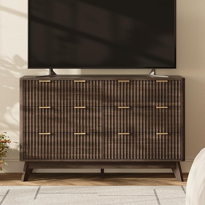 47'' Wide 6 Drawers Dresser for Bedroom,Modern Fluted Vertical Chest with Rounded Corners,Fluted Dresser for Living Room,Hallway, Walnut
