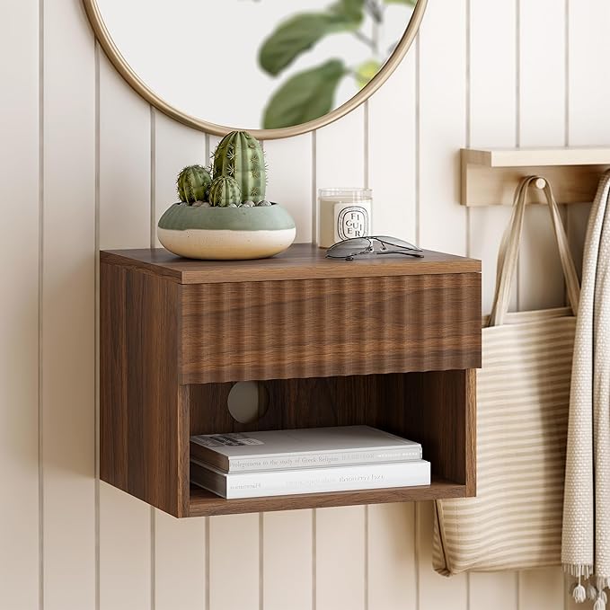 Floating Nightstand Set of 2 with Drawer, Fluted Modern Night Stand with Fluted Door and Open Storage Shelf Wall Mounted Bedside Table for Bedroom, Entryway Brown