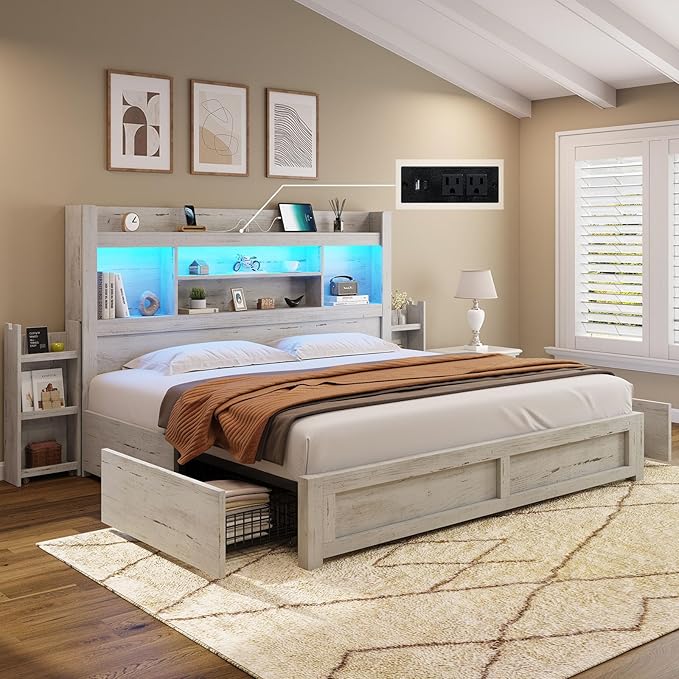 AMERLIFE King Bed Frame with 4 Storage Drawers, LED Bed Frame with 49.6" Tall Bookcase Headboard, Wood Platform Bed with 2 Slide Bedside Shelf & Charging Station, No Box Spring Needed/Distressed White