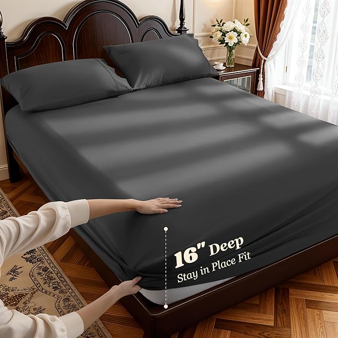 LBRO2M 1000 Thread Count 100% Cotton Sheets Set,King Size Bed Sheet 4 Piece Sets,Long Staple,16 Inches Deep Pocket,All Season,Bedding Super Soft Comforterble Breathable,Sateen Weave(Black)