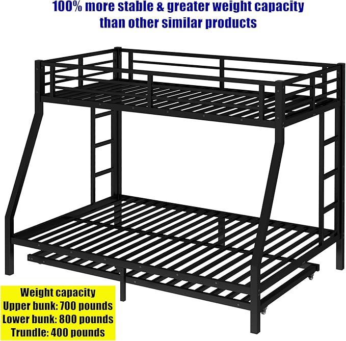 Higher Quality & Stronger Metal Bunk Bed Twin Over Full Size Bunkbed Frame, Thickened Heavy Duty More Stable Steel Bunk Bed with Twin Size Trundle (Twin Over Full)