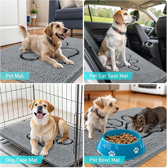 OLANLY Dog Door Mat for Muddy Paws 35x24, Paw Print Design, Absorbs Moisture and Dirt, Absorbent Non-Slip Washable Doormat, Quick Dry Chenille Mud Mat for Dogs, Entry Indoor Entryway Carpet, Grey