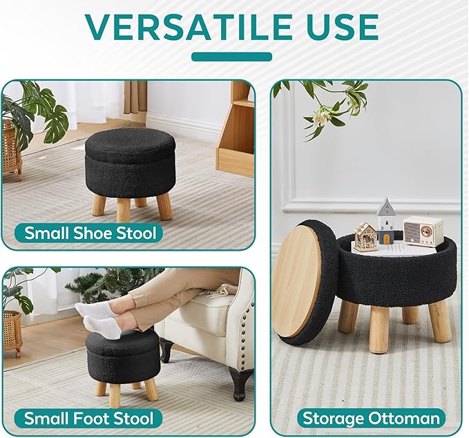 FIMIVIBI Small Foot Stool Ottoman with Storage, Sherpa Ottoman Foot Rest for Couch, Round Footstool with Storage, Small Ottomans and Footstools for Living Room and Entryway (Black)