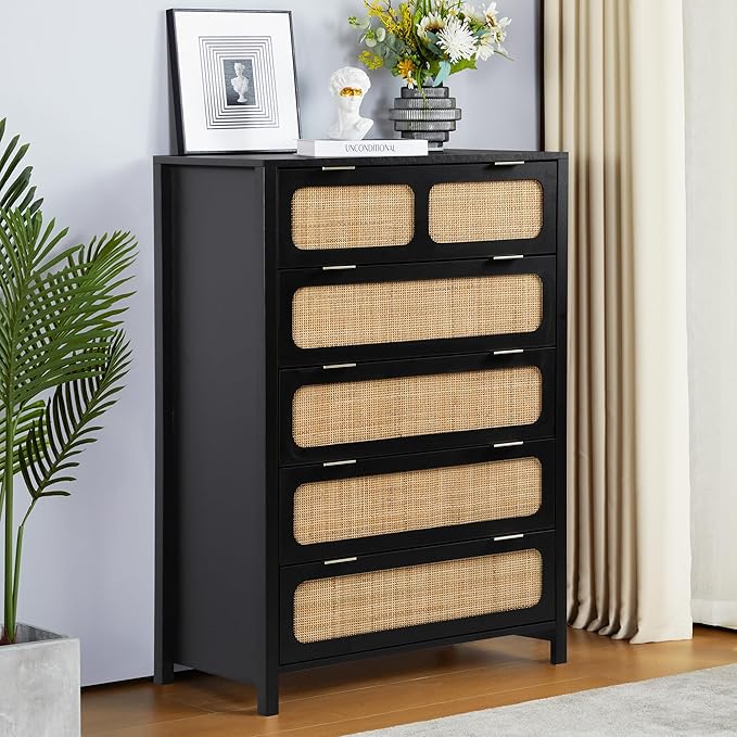 LEVNARY 5 Drawer Chest Dresser, Rattan Tall Dresser 5 Chest of Drawers Dressers for Bedroom, Wooden Storage Cane Cabinet with Metal Handles for Living Room Hallway (Black)