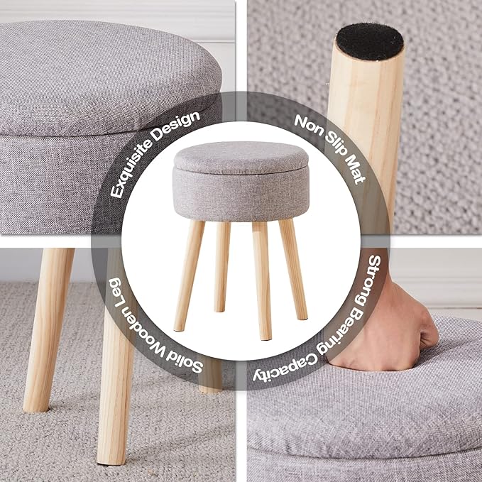 Mxfurhawa Storage Ottoman Linen Round Vanity Stool Tray Top Modern Foot Stool with Wood Legs Multifunctional Upholstered Foot Ottoman Rest for Living Room, Bathroom, Makeup (Grey)