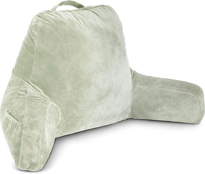 Husband Pillow Desert Sage, Original Reading Pillow in Bed Rest Chair, Shredded Memory Foam Large Lounge Cushion Adult Backrest with Arms, Comfy Back Support for Sit Sitting Up, Wash/Removable Cover