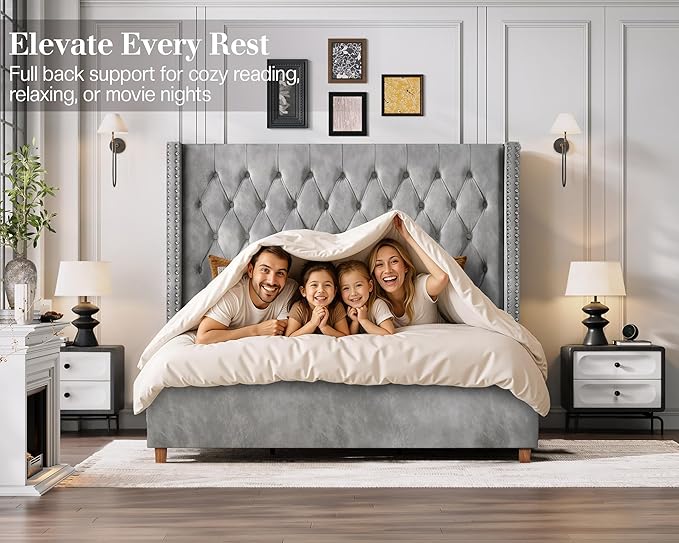 Jocisland California King Bed Frame with 61.4" Tall Wingback Headboard, Velvet Upholstered Platform Bed, Handcrafted Pleats& Deep Button Tufted, Solid Wood Legs, No Box Spring Required, Gray