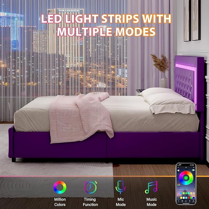 BarnFurin Full Size Bed Frame with Headboard, Faux Leather Upholstered Bed with Diamond Tufted Design, Mordern Bed Frame with Wooden Slats Suppor, No Box Spring Required, Easy Assembly, Purple