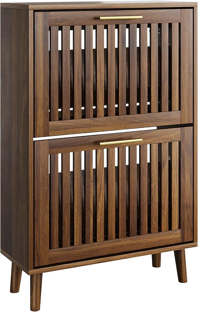 Vibe & Dine 2 Flip Drawer Shoe Cabinet, Narrow Shoe Rack with Gold Handles, Freestanding Shoe Storage Cabinet for Entryway Slim, Wood Shoe Organizer Cabinet for Hallway, Bedroom, Walnut