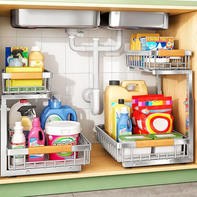 Under Sink Organizer, Stainless Steel 2 Packs 2 Tier Under Sink Organizers and Storage, Slide out Pull out Cabinet Shelf, Sliding Drawer for Kitchen Bathroom Pantry Cabinet Closet Organization Rack
