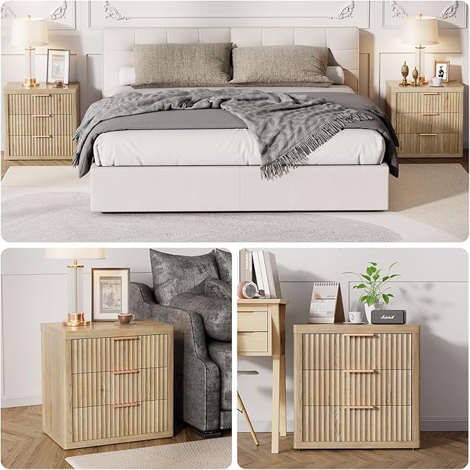 Night Stand with 3 Drawers, 23" Wide Modern Nightstand with Large Storage, Fluted Bed Side Table with Metal Handle, End Table Tall Nightstand for Bedroom, Living Room, Office, Nature
