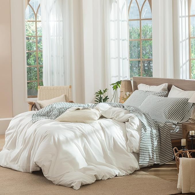 MooMee Striped Fitted Bottom Sheet Only 100% Washed Cotton Linen Like Textured Breathable Durable Soft Comfy Deep Pocket Fits Mattress up to 17" (Heathered Green Classic Stripes, Queen)