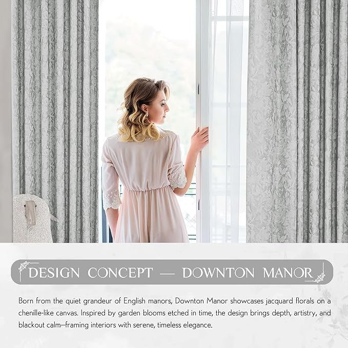 Beauoop Grey Floral Jacquard Blackout Curtains 63 Inches Long 2 Panels for Bedroom Living Room Chenille Flower Room Darkening Thermal Insulated Soundproof Rod Pocket Back Tab Window Drapes, 52x63