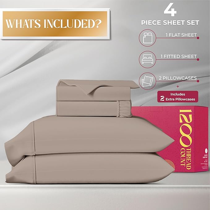 Mayfair Linen 100% Egyptian Cotton Sheets Queen Size - 1200 Thread Count 4 PC Queen Sheet Set Egyptian Cotton, Sateen Luxury Sheet, High Thread Count Sheets, 17" Deep Pocket - Taupe