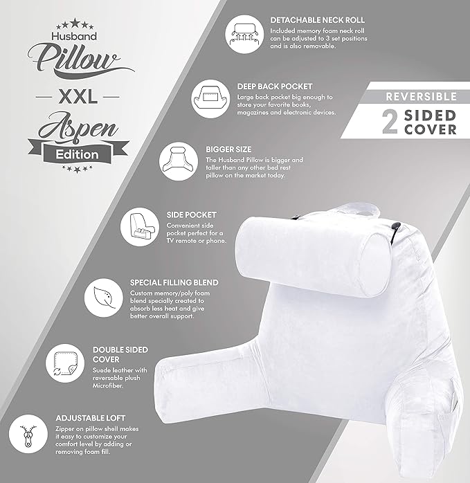 Husband Pillow XXL Aspen Edition - Adult Reading Bed Rest Pillow with Arms & Detach Neck Roll on Bungee Cord - Premium Memory Foam, Reversible 2 Sided Covers Micro Suede or Plush, White Dandelion