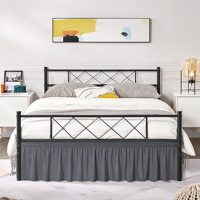 Biscaynebay Wrap Around Bed Skirts with Split Corners for Queen Beds 16" Drop, Dark Grey Elastic Dust Ruffles Adjustable Easy Fit Wrinkle & Fade Resistant Silky Luxurious Fabric Machine Washable