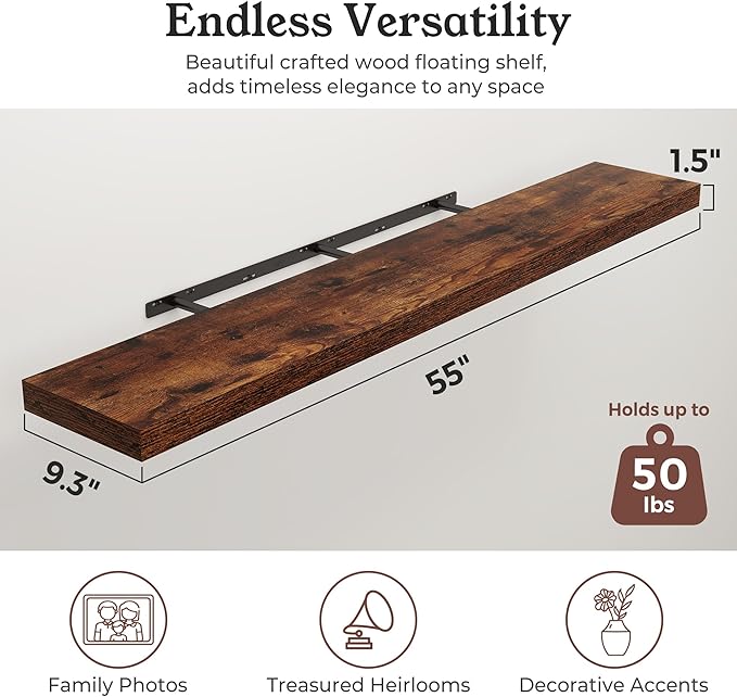 Floating Shelves for Wall, 9.3" Deep Wall Mounted Wood Shelves for Bathroom, Bedroom, Living Room, Kitchen, Hanging Shelf for Books/Storage/Room Decor (Brown, 55")