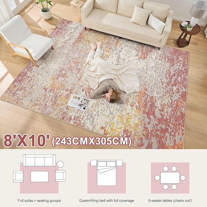 Area Rug Living Room Rugs - 8x10 Washable Large Soft Indoor Neutral Modern Abstract Low Pile Rug Carpet for Bedroom Dining Room Farmhouse Home Office - Colorful