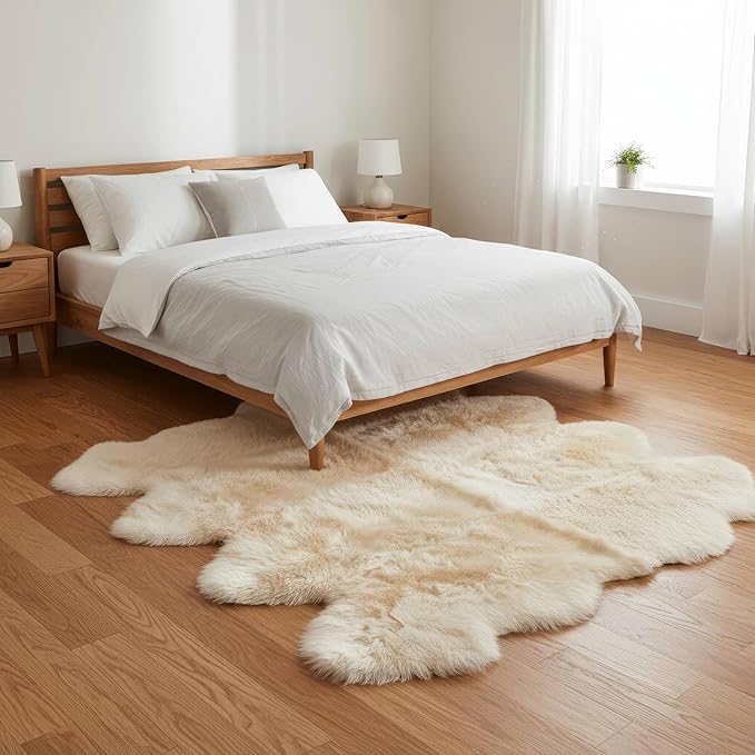 Premium Genuine Sheepskin Rug 6' x 8' Long Fur Soft & Natural Shaggy Living Room Rug, Champagne Cream, Eight Pelt