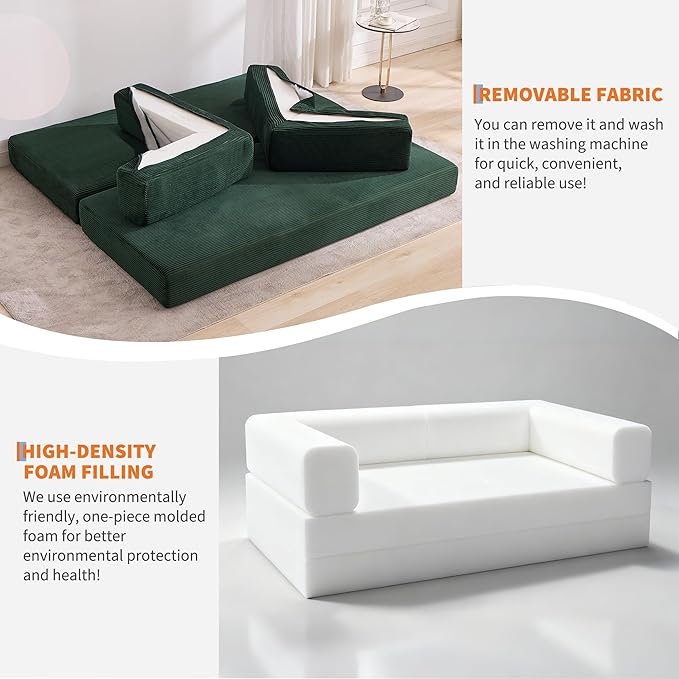 Garvee 5-in-1 Convertible Sofa Bed, 78.8" Modular Corduroy Sleeper with Sturdy Frame & No Assembly, Multi-Functional Futon for Small Space, Living Room & Guest Room (Dark Green)