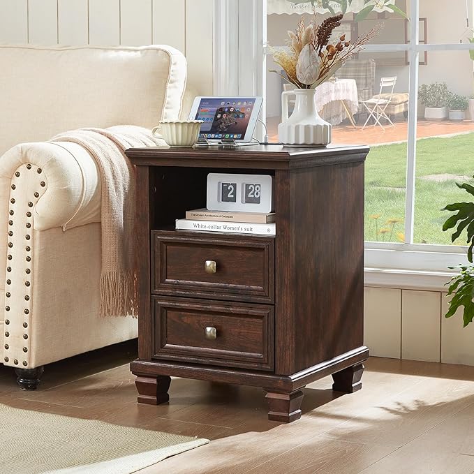 SAVOR LIFE Farmhouse Nightstand with Charging Station, Rustic Brown Nightstand, 2 Drawers End Table, Bedside Table with Open Shelf for Bedroom, Walnut