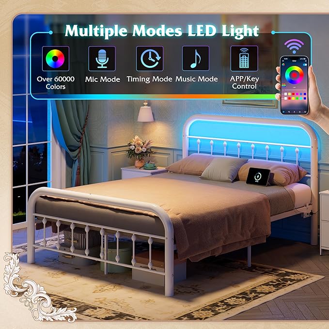 WLIVE Metal Platform Bed Frame, Queen Bed Frame with Headboard, Bed Frames with LED Lights and Charging Station, 1500LBS Mattress Foundation, Under Bed Storage, No Box Spring Needed, White